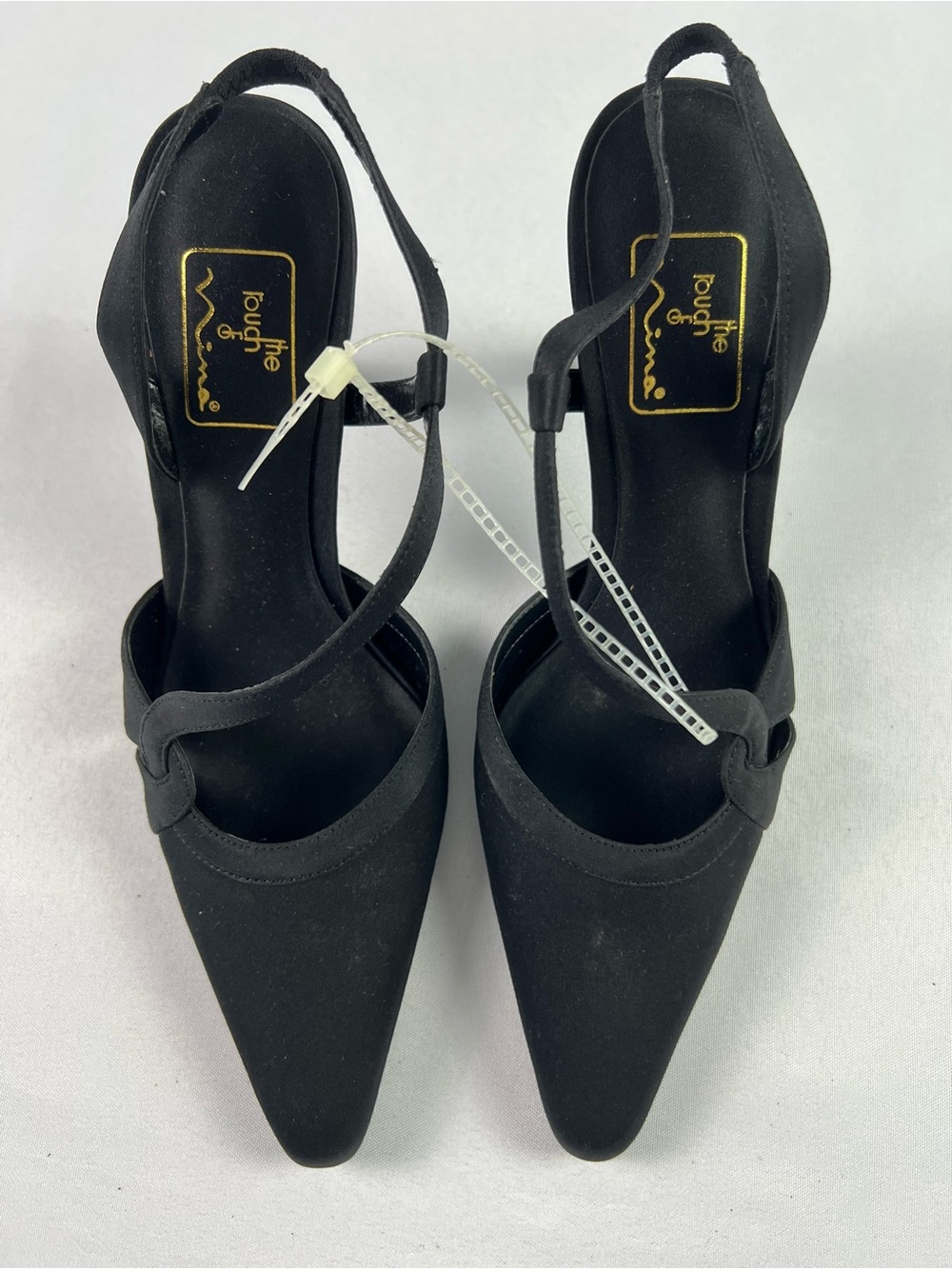 The Touch of Nina Black Satin Fabric Pointed-Toe Slingback Stiletto Heel